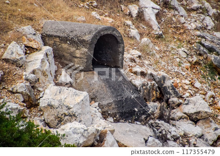 Concrete tunnel for draining sewage under road. Concrete tunnel for draining sewage under road. 117355479