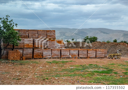 Warehouse of hollow ceramic bricks. Warehouse of hollow ceramic bricks. 117355502