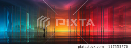 Man standing on water and colorful sunset in imaginary world, generative ai 117355776