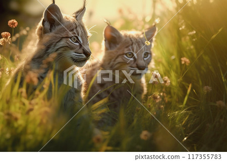 Young lynxes in the grass, generative ai Young lynxes in the grass, generative ai 117355783