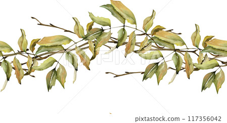 Autumn colorful leaves seamless banner. Fall floral border with branches and leaves for packing, label, logo design. Hand drawn botanical arrangement for textile, thanksgiving invitation design 117356042