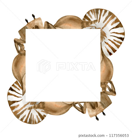 Nautical monochrome sea frame with striped shells and crab in vintage colors illustration. Watercolor hand drawn sea collection. Marine icons for logo, poster, home decor. Ship and boat, travel web 117356053