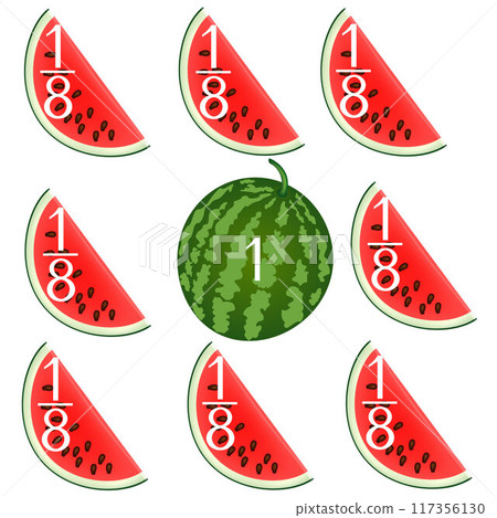 Mathematical games for children. Study the fractions numbers, example with watermelons. Mathematical games for children. Study the fractions numbers, example with watermelons. 117356130