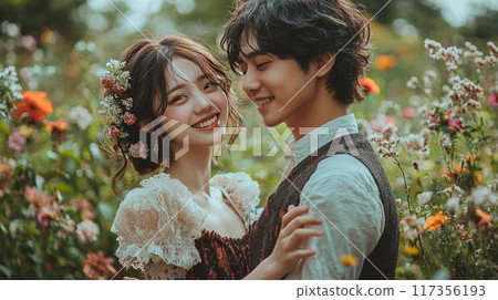 A young couple dancing musically in a flower field 117356193