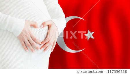 Demographics, pregnancy and love baby in Turkey concept. Pregnant woman making heart 117356338