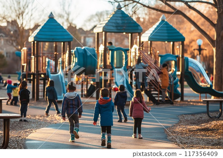 Diverse children at sunset in city playground 117356409