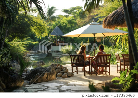 Families relax by a tranquil water oasis, enjoying quality time together in a lush setting Families relax by a tranquil water oasis, enjoying quality time together in a lush setting 117356466