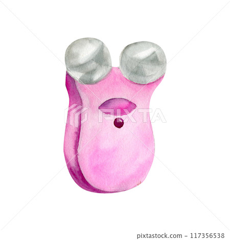 Spa bath face massager watercolor illustration. Hand drawn female body and face element for self skin treatment, clipart for welness, spa salon decor. Poster, business card design. 117356538