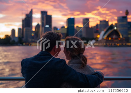 Couple enjoys a scenic sunset boat ride with a city skyline backdrop 117356620
