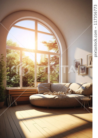 room of big bright apartment with big panorama windows, sofa and pillows 117356773