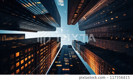 modern big city skyscrapers perspective, contemporary architecture point of view, downtown look up 117356815