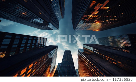 modern big city skyscrapers perspective, contemporary architecture point of view, downtown look up 117356823