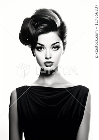 portrait of beautiful fashionable woman, black and white sketch illustration 117356837