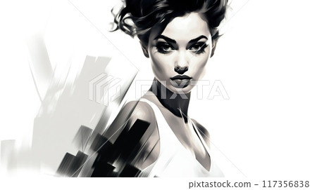 portrait of beautiful fashionable woman, black and white sketch illustration 117356838