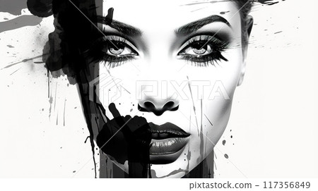 portrait of beautiful fashionable woman, black and white sketch illustration 117356849