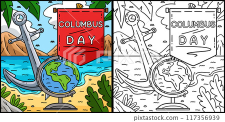 Columbus Day Flag, Anchor and Globe Illustration Columbus Day Flag, Anchor and Globe Illustration 117356939