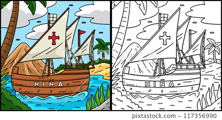 Columbus Day Nina Ship Coloring Page Illustration 117356990
