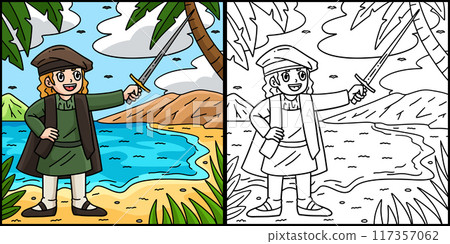 Columbus Day Man with Sword Coloring Illustration 117357062
