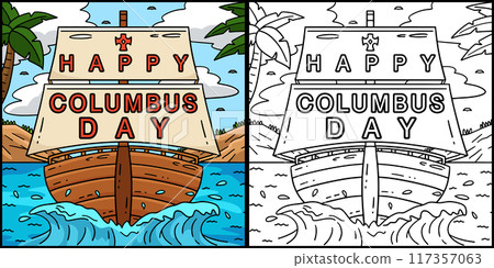 Happy Columbus Day on Ship Coloring Illustration 117357063