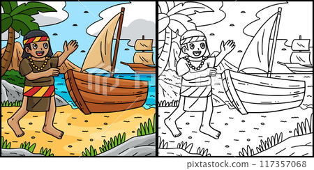 Columbus Day Native Man and Boat Illustration 117357068