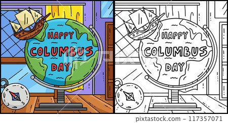 Happy Columbus Day on Globe Coloring Illustration 117357071