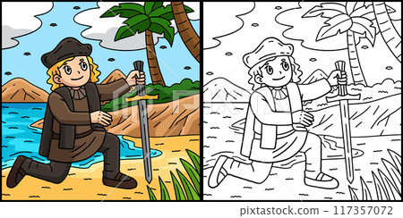 Columbus Day Man Kneeling on Shore Illustration Columbus Day Man Kneeling on Shore Illustration 117357072