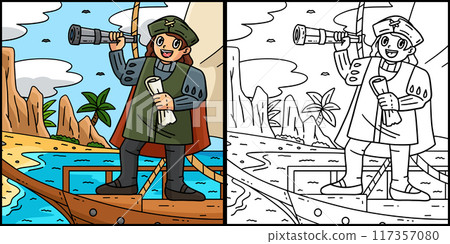 Columbus Day Man Scroll Telescope Illustration 117357080