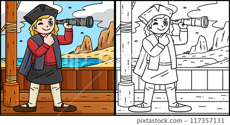Columbus Day Man Looking a Telescope Illustration 117357131