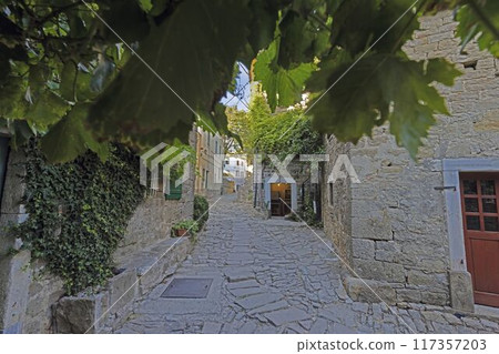 Picture from the town of Groznjan with idyllic cobbled streets and buildings made of natural stone 117357203