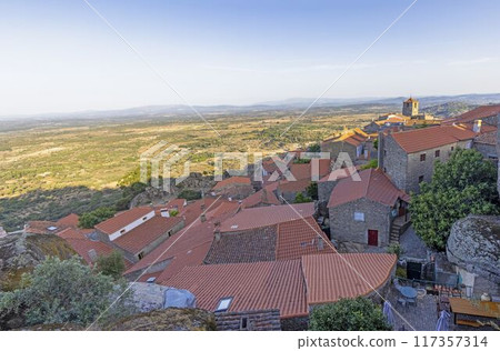 View over deserted historic town of Monsanto in Portugal during sunrise 117357314