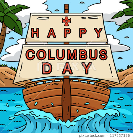 Happy Columbus Day on Ship Colored Cartoon Happy Columbus Day on Ship Colored Cartoon 117357356