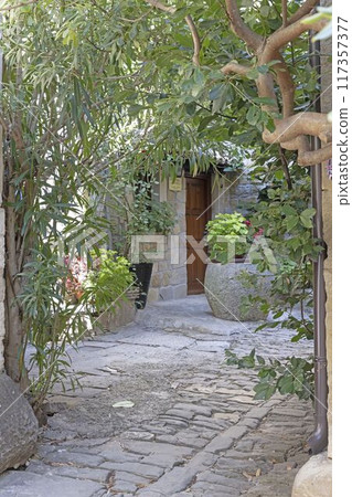 the outside courtyard and walkway is very narrow, with plants growing in pots the outside courtyard and walkway is very narrow, with plants growing in pots 117357377