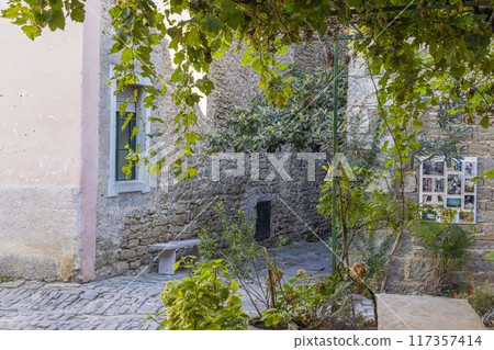 Picture from the town of Groznjan with idyllic cobbled streets and buildings made of natural stone Picture from the town of Groznjan with idyllic cobbled streets and buildings made of natural stone 117357414