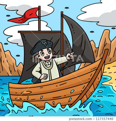 Columbus Day Man on the Ship Colored Cartoon Columbus Day Man on the Ship Colored Cartoon 117357440