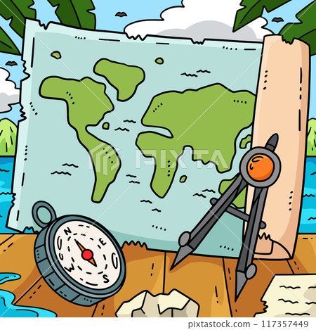Columbus Day Map and Compass Colored Cartoon  117357449