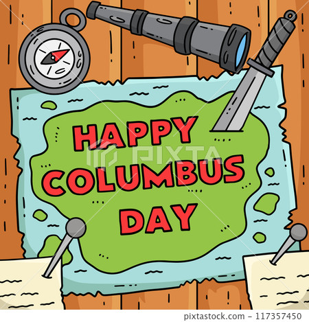 Happy Columbus Day on Map Colored Cartoon  117357450