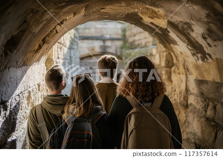 Adventurous trio on castle exploration 117357614