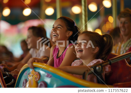 Joyful family moments on carousel ride 117357622