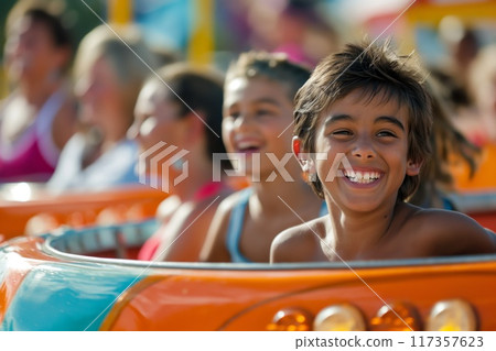 Joyful family moments on amusement ride 117357623