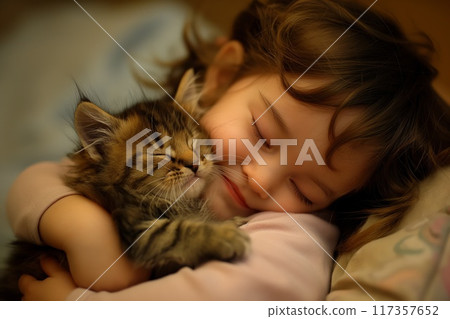 Heartwarming photo capturing a joyful toddler hugging a sleepy kitten Heartwarming photo capturing a joyful toddler hugging a sleepy kitten 117357652