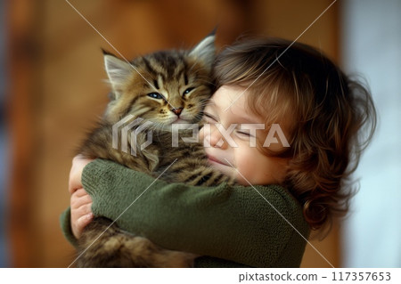 A heartwarming photo capturing a happy toddler snuggling with a cute, striped kitten A heartwarming photo capturing a happy toddler snuggling with a cute, striped kitten 117357653