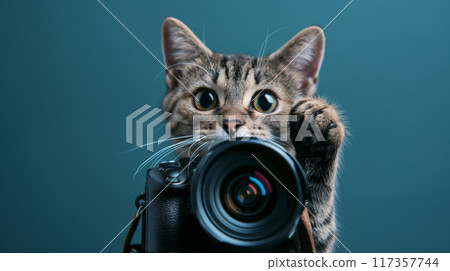 Anthropomorphic cat posing with a photo camera against a teal backdrop, mimicking a professional photographer 117357744