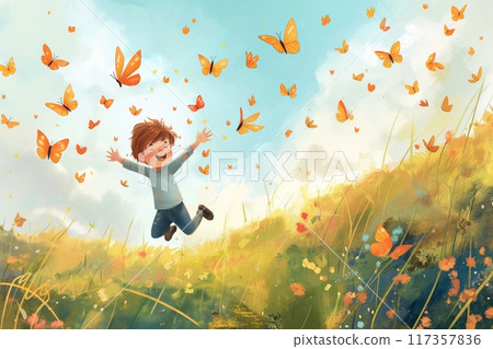 Illustration of an ecstatic child running and leaping through a sunny meadow filled with vibrant butterflies 117357836