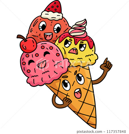Triple Scoop Ice Cream Cartoon Colored Clipart 117357848