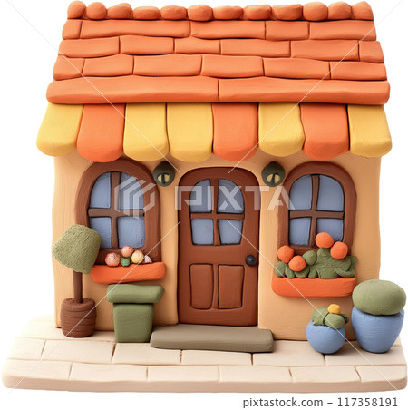 3d cartoon brick wall with wooden house 117358191