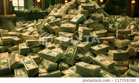wealth - Piles of U.S. dollar bills stacked high in a lavish, indoor setting 117358198