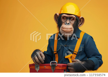 Anthropomorphic monkey character as a professional handyman concept wearing workwear with tool belt. Hard hat. And wrench. Standing full-length in a yellow background 117358574