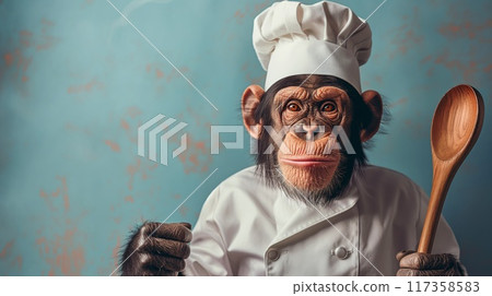 Humorous photo of a chimpanzee dressed in chef attire, holding a wooden cooking spoon 117358583