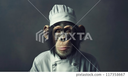 An anthropomorphic chimpanzee dressed in a professional chef uniform with a whimsical and creative hat. Quirky attire. And a furry apron 117358667
