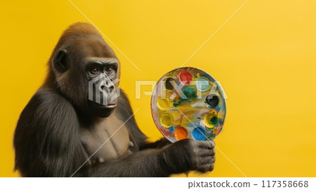 Portrait of an anthropomorphic gorilla holding an art palette against a yellow backdrop. Creative ape with paint palette Portrait of an anthropomorphic gorilla holding an art palette against a yellow backdrop. Creative ape with paint palette 117358668